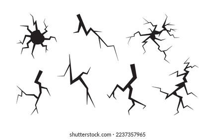 Crack vector icon, cracked ground, wall, ice, glass, egg, dry fissure on land surface, hole effect, break set from disaster or drought, black fractures top view isolated on white background