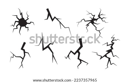 Crack vector icon, cracked ground, wall, ice, glass, egg, dry fissure on land surface, hole effect, break set from disaster or drought, black fractures top view isolated on white background