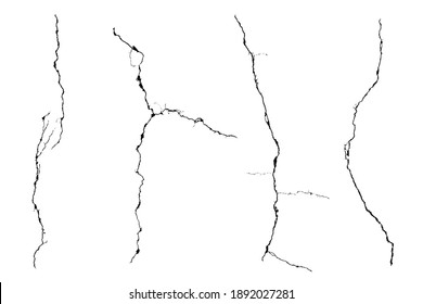 Crack vector set. Grunge urban graphic elements of rough surface. Dust overlay distress grained texture. One color graphic resource.