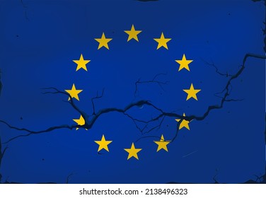 A crack in the wall against the background of the flag of the European Union. Refugee crisis, border war and humanitarian catastrophe. Political negotiations, sanctions and economic problems. 