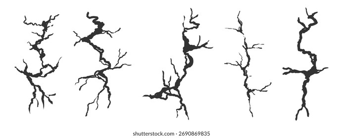 Parede de rachaduras, textura do solo quebra na superfície da terra. Conjunto de esboços de linha de fissura no solo. Fratura do acidente, danos causados à terra, terramoto