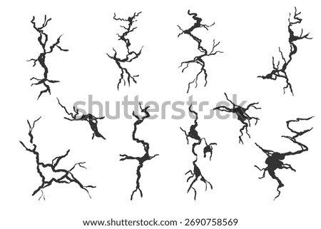 Crack wall, ground texture breaks on land surface. Ground fissure line sketch set. Crash fracture, land damage, earthquake