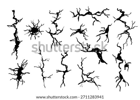 Crack wall, ground texture breaks on land surface. Ground fissure line sketch set. Crash fracture, land damage, earthquake