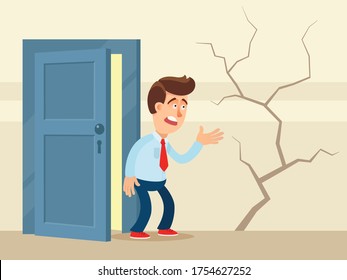 Crack in the wall of house. Frustrated resident of the house looks at a huge crack in the wall. Old house is in poor condition, repairs are needed. Vector illustration, flat design cartoon style.