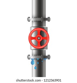 Crack in a water pipe with a gate and water drops