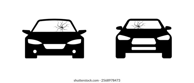 Crack in the windshield icons. Car icons. Silhouette style. Vector icons.