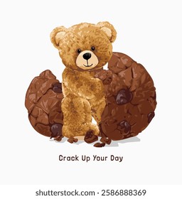 crack up your day slogan with bear doll and chocolate cookie vector illustration