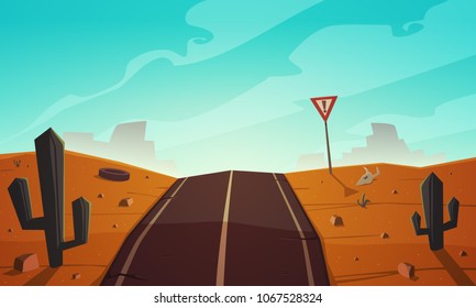 The cracked asphalt road trough the desert landscape. Cartoon vector illustration.