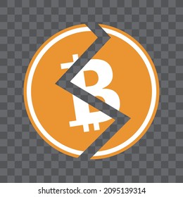 Cracked Bitcoin icon. Vector. Transparent background.