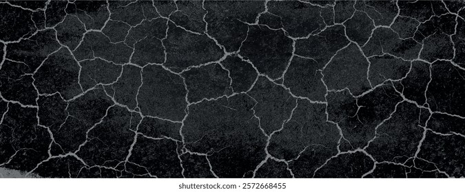 Cracked black background with a rough texture. The black background features a network of white cracks, creating a dramatic effect. Dry cracked soil texture background. Black background vector.