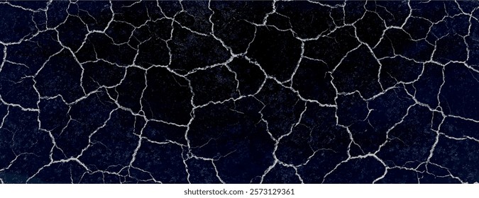 Cracked black background with a textured, dark black background and white vein-like patterns, creating a dramatic and bold effect. Dry cracked soil texture background. Blue background vector.