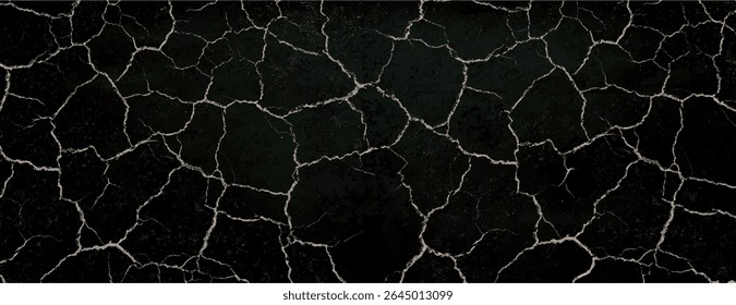Plano de fundo preto rachado com estilo texturizado e resistente. O fundo preto apresenta padrões de rachaduras brancas, adicionando profundidade e contraste. Fundo de textura do solo rachado seco. Vetor de plano de fundo preto.