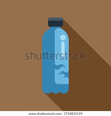 Cracked blue plastic water bottle is casting a long shadow on a brown background