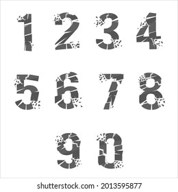 Cracked breaking pieces 3D digits realistic numbers broken isolated on white vector design illustration