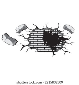 cracked brick wall. Vector cartoon sketch. Isolated object on a white background