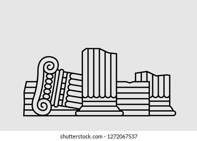 Cracked and broken antique ruins concept illustration. Vector linear silhouette.