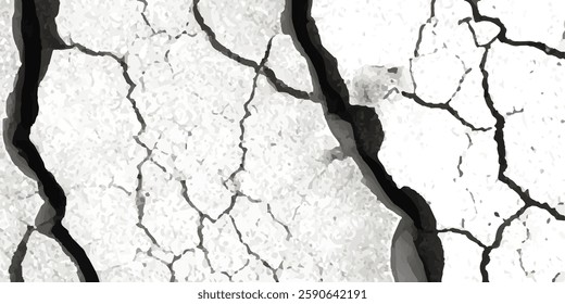Cracked and Broken Earthquake Surface Vector Overlays with Distressed Wall, Floor, and Ground Textures in Black, White, and Grey, Representing the Aftermath of Earthquake Damage.
