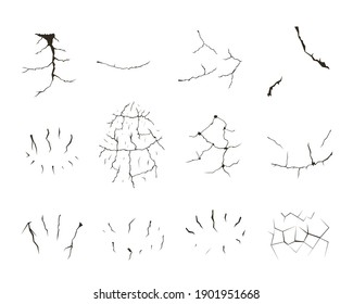 Cracked, broken and exploded eggshells, glass, glass or ice. Black crack set. Flat vector illustration.