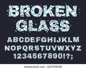 Cracked broken font, smashed letters and numbers. Glitch broken alphabet, crushed glass letters flat vector illustration set. Shattered, fragmented alphabet svg