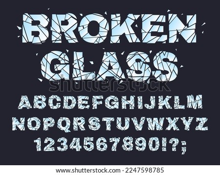 Cracked broken font, smashed letters and numbers. Glitch broken alphabet, crushed glass letters flat vector illustration set. Shattered, fragmented alphabet Foto d'archivio © 