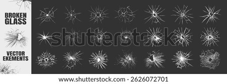 Cracked and Broken Glass Vector Bundle. Realistic Shattered Circles, Bullet Holes, Fractured Screen and Window Textures on Black Background