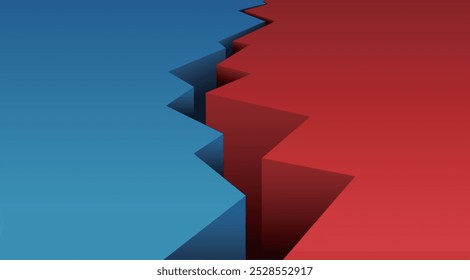 Cracked broken ground earthquake split blue red divided background design.