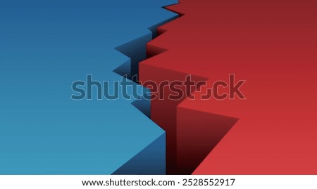 Cracked broken ground earthquake split blue red divided background design.
