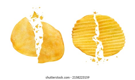 Cracked and broken potato chips with crumbs. Realistic vector crispy snack chips pieces separated on two parts. Isolated 3d crushed crunchy junk food, delicious vegetable crisp meal, fast food