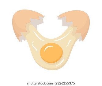 Cracked and broken raw egg with brown eggshell. Vector illustration on white background.