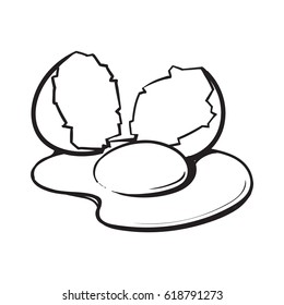 Cracked, broken and spilled chicken egg, sketch style vector illustration isolated on white background. Hand drawn, sketched raw, uncooked chicken egg and halves of eggshell