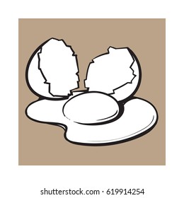 Cracked, broken and spilled chicken egg, sketch style vector illustration isolated on brown background. Hand drawn, sketched raw, uncooked chicken egg and halves of eggshell