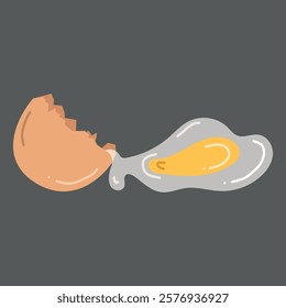 Cracked brown eggshell with a raw liquid egg inside on dark background. Hand drawn vector illustration in flat style. Cooking process, egg design. Bakery ingredient