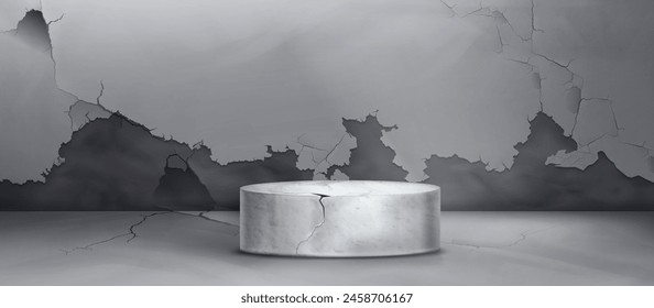 Cracked cement cylinder podium in studio room interior with grey grunge floor and wall with peeling paint. Realistic 3d vector illustration of rough concrete product platform mockup for goods display.