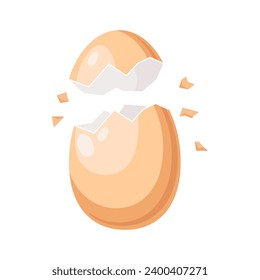 A cracked chicken egg with pieces of eggshell. A fragile broken egg. A broken shell with fragments. Vector illustration in the flat style