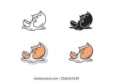 cracked chicken egg vector spilled made with outline, black, cartoon and sticker style