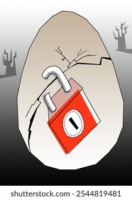 cracked chicken eggs locked by a padlock
