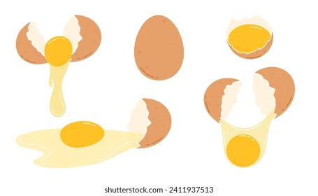 Cracked chicken eggs set. Flat vector illustration isolated on white background