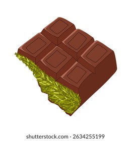 Cracked chocolate bar revealing pistachio paste center. Vector cartoon hand drawn dessert illustration. For confectionery packaging, promo materials, product designs, menu use, stickers