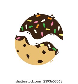 Cracked chocolate chip cookies coated with chocolate and sugar flake cartoon. Vector illustration.