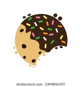 Cracked chocolate chip cookies coated with chocolate and sugar flake cartoon. Vector illustration.