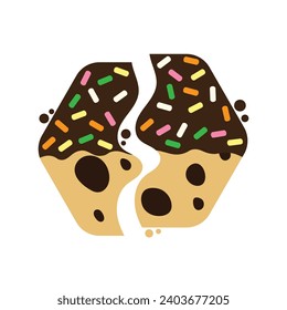 Cracked chocolate chip cookies coated with chocolate and sugar flake cartoon. Vector illustration.