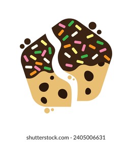 Cracked chocolate chip cookies coated with chocolate and sugar flake cartoon. Vector illustration.