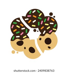 Cracked chocolate chip cookies coated with chocolate and sugar flake cartoon. Vector illustration.