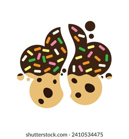 Cracked chocolate chip cookies coated with chocolate and sugar flake cartoon. Vector illustration.