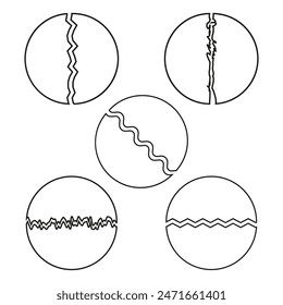 Cracked circle icons. Jagged, wavy, zigzag. Black outline vector. Abstract broken shapes.