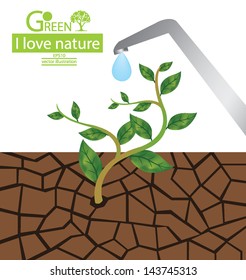 Cracked clay. Water faucet. Go green. Save world. vector illustration.