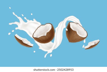 Cracked coconut in milk swirl realistic vector illustration. Refreshing exotic drink and fruit. Tropical dessert 3d object on blue background