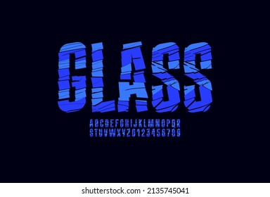 Cracked condensed font, narrow cutting alphabet made in blue glass style, blue destroyed letters and numbers, vector illustration 10EPS