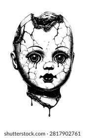 Cracked Creepy Doll Head Horror Portrait Illustration