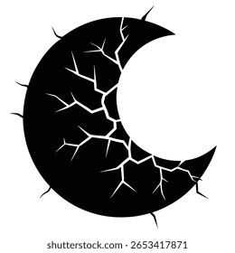 A cracked, crescent moon in solid black features broken lines and thorns. Jagged edges and a transparent backdrop give an unsettling, mysterious vibe.